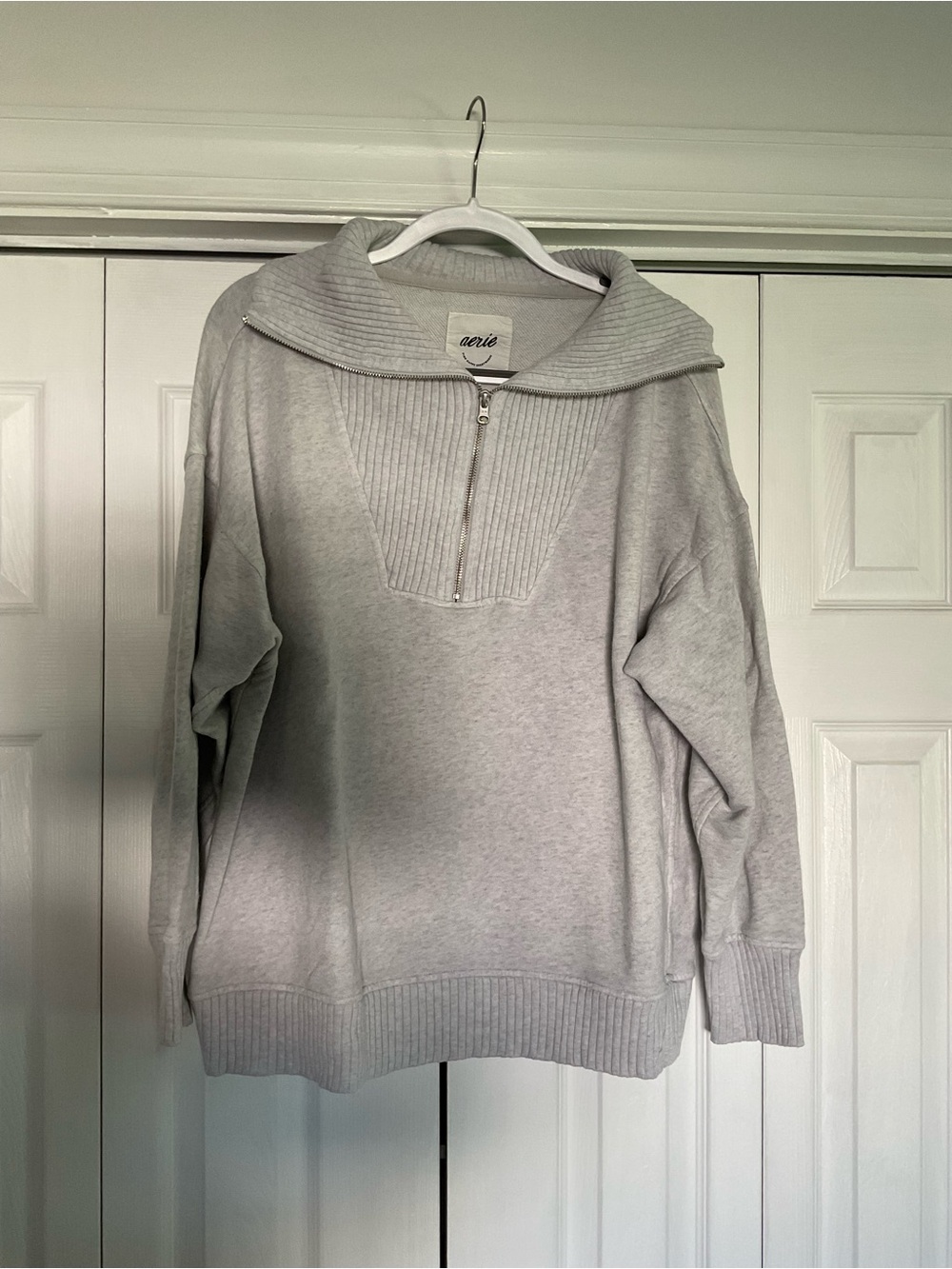 aerie Light Gray Ribbed Half-Zip Turtleneck Sweater